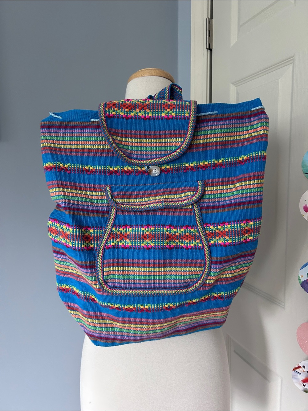 Bright Blue Multicolor Striped Tote Bag with Front Pocket